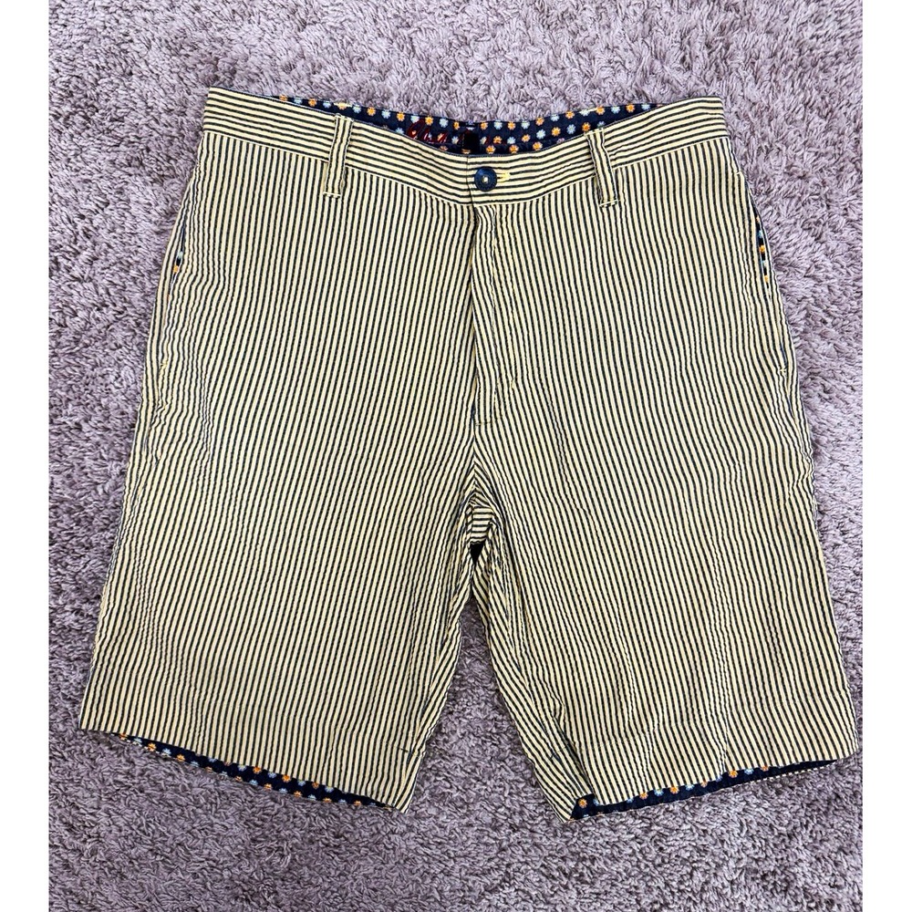 Men's Robert Graham Seersucker Striped Cotton Flat Front Shorts Yellow Blue